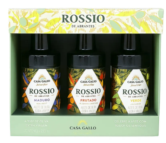 Kit com três azeites de oliva extravirgem Casa Gallo Rossio de Abrantes em caixa presenteável