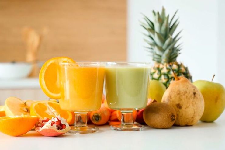 copo de suco de laranja e copo de suco verde em primeiro plano com frutas atrás