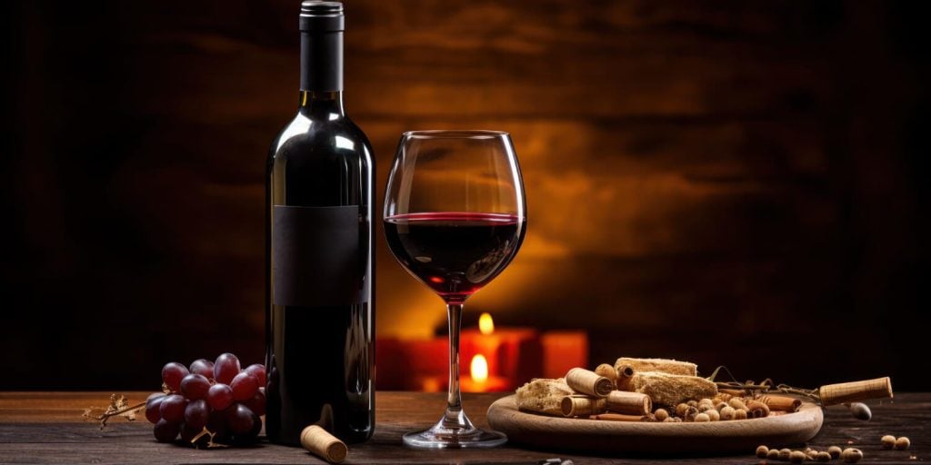 Garrafa e taça de vinho tinto sobre mesa de madeira, com uvas, rolhas e tábua de frios.