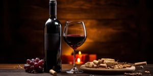 Garrafa e taça de vinho tinto sobre mesa de madeira, com uvas, rolhas e tábua de frios.