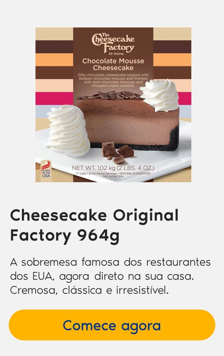 Cheesecake Original Factory 964g: A sobremesa famosa dos restaurantes dos EUA, agora direto na sua casa. Cremosa, clássica e irresistível.