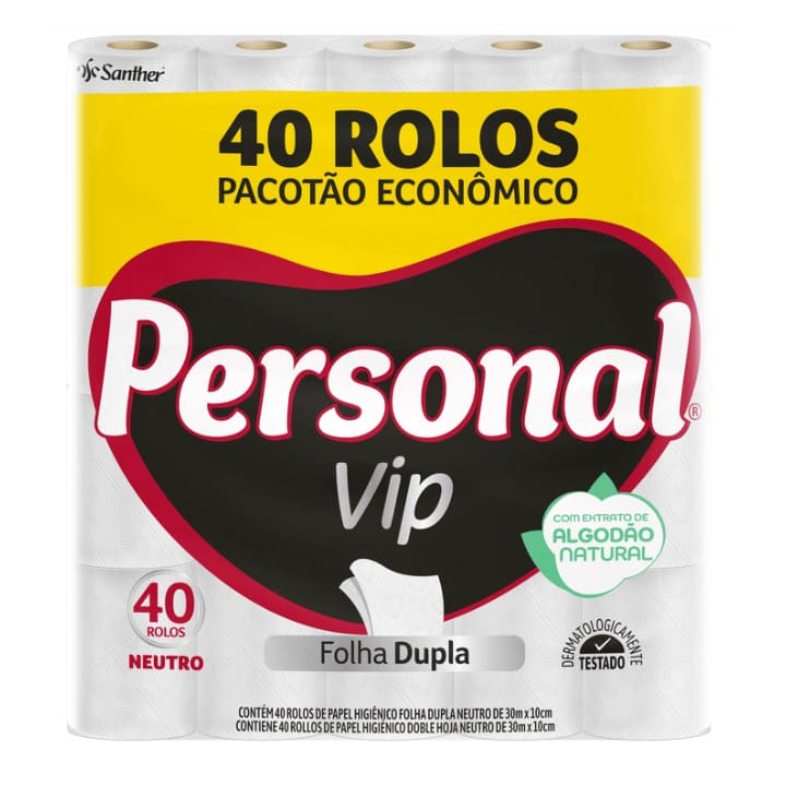 Papel Higiênico Personal Vip Folha Dupla embalagem 40 Unidades